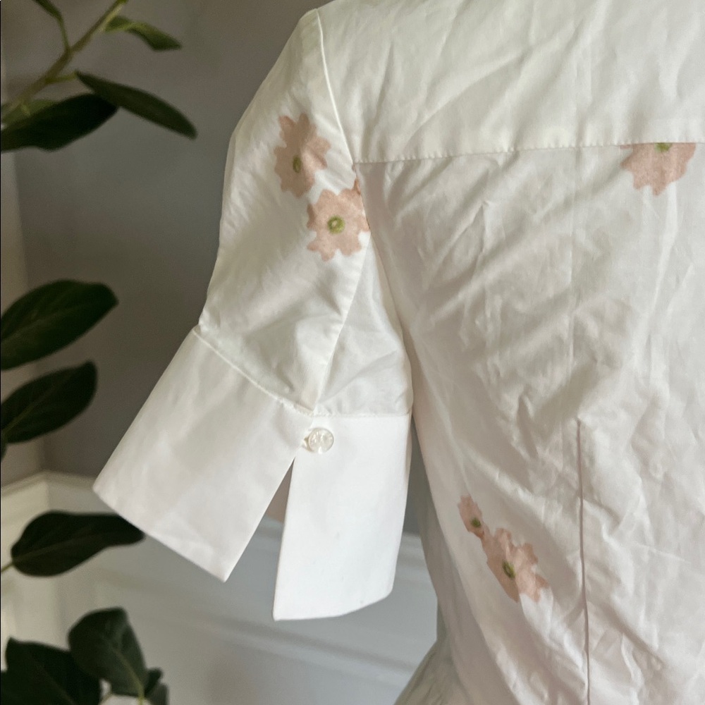 ERDEM Short-Sleeve Midi Shirt Dress in Cotton White and Green Floral 0 NWT 1345$ - Picture 13 of 14